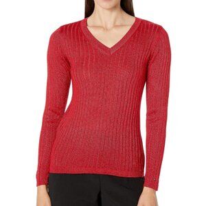 Tommy Hilfiger Medium M Red Ribbed Knit Metallic Shimmer V-Neck Pullover Sweater